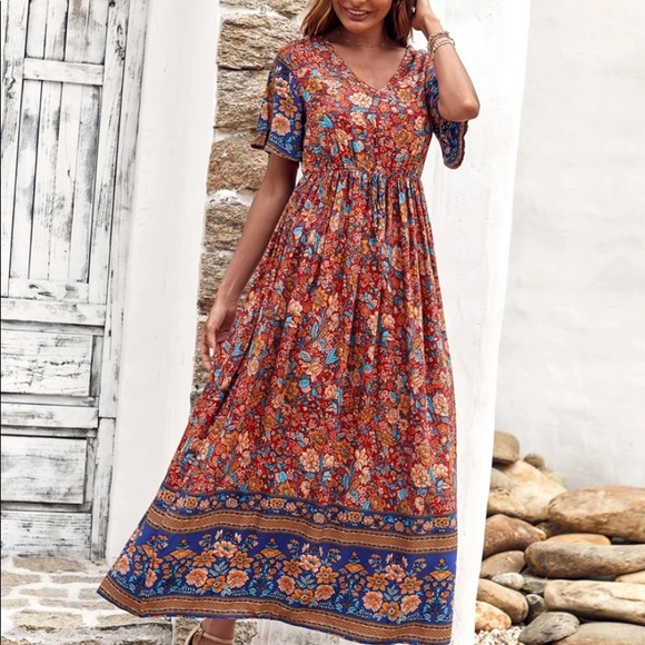 Boho floral print knot front A line dress - Picture 5 of 7